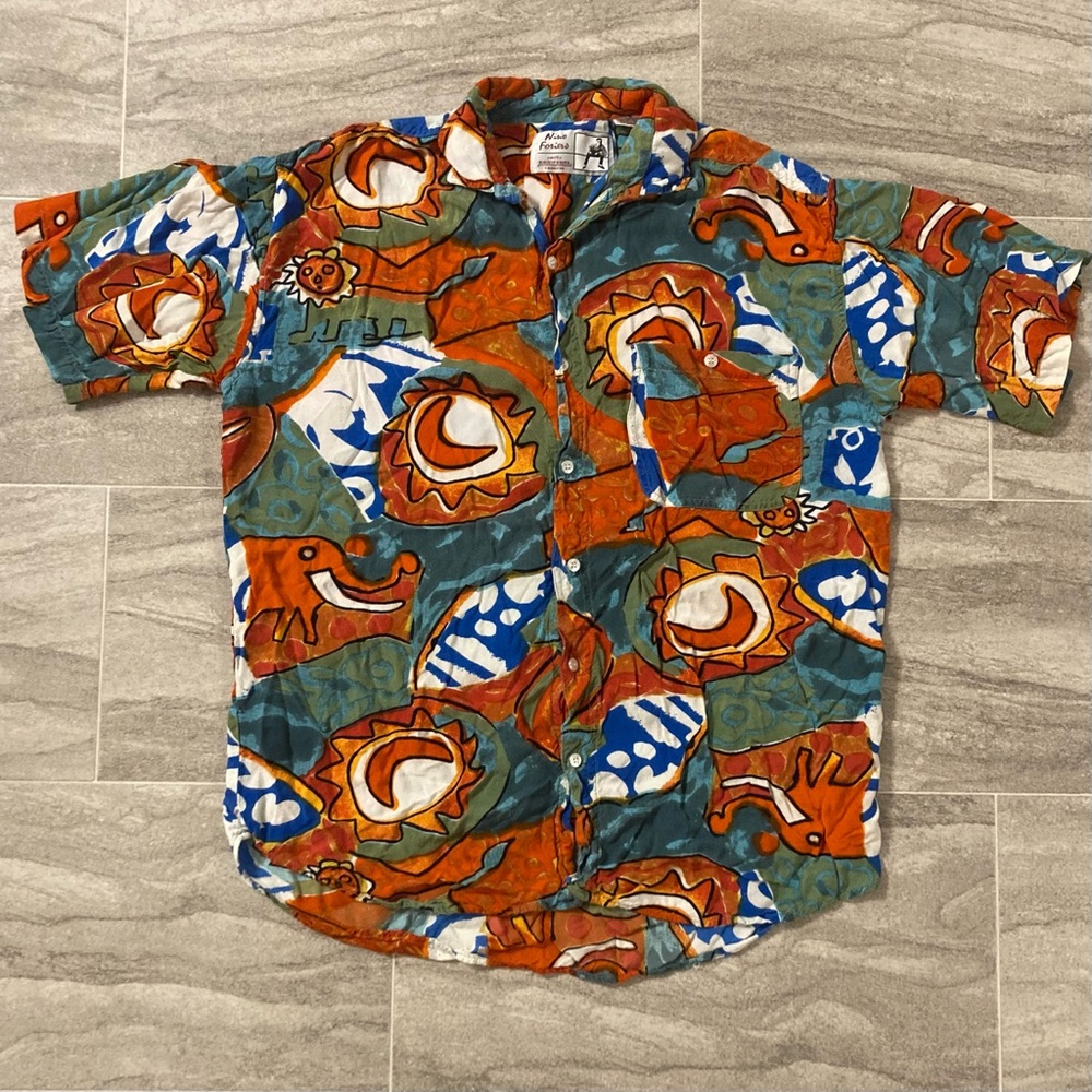 Vintage 1990s Nino FORIERO Vibrant Orange and Blue Men's Casual Shirt Button Up